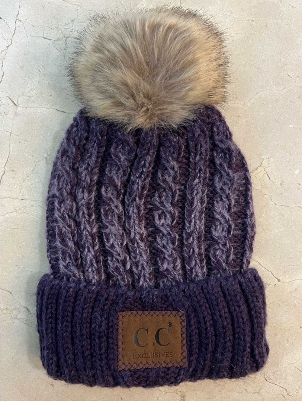 CC Beanie Ombre Purple Cable Knit Winter Hat Faux Fur Pom Exclusives Cuffed OS